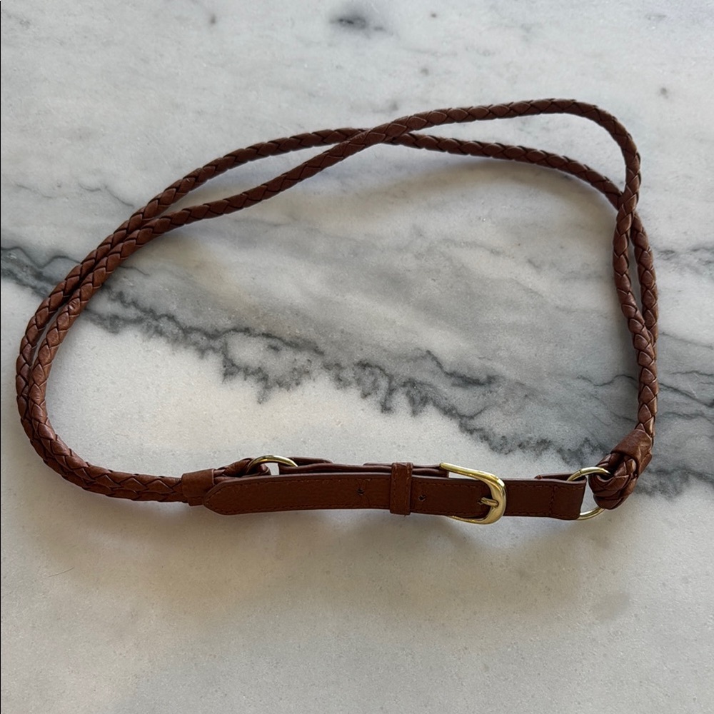 H&M Brown Leather Belt with Braided Design and Metal Buckle